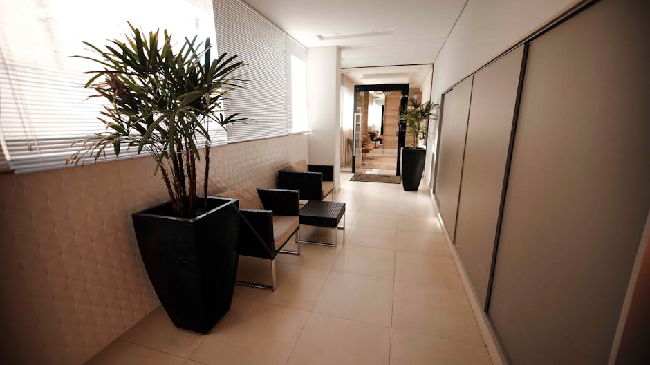 Sala de espera discreta con planta y mesa auxiliar